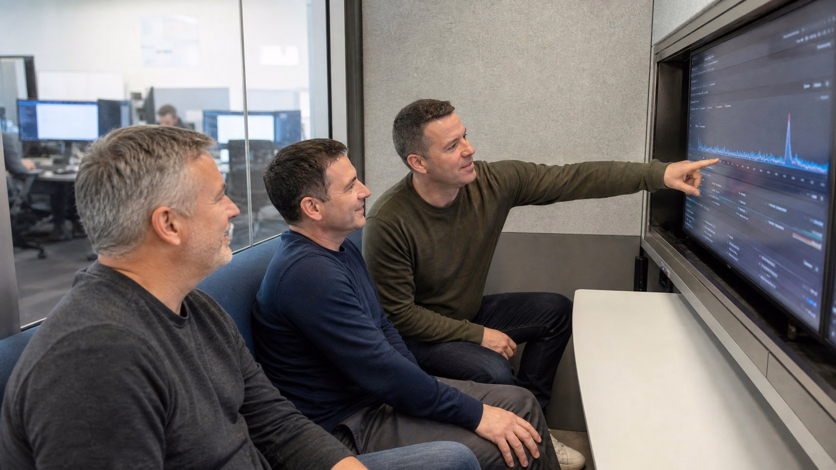 Men analyze network traffic on screen in huddle room 60 chars