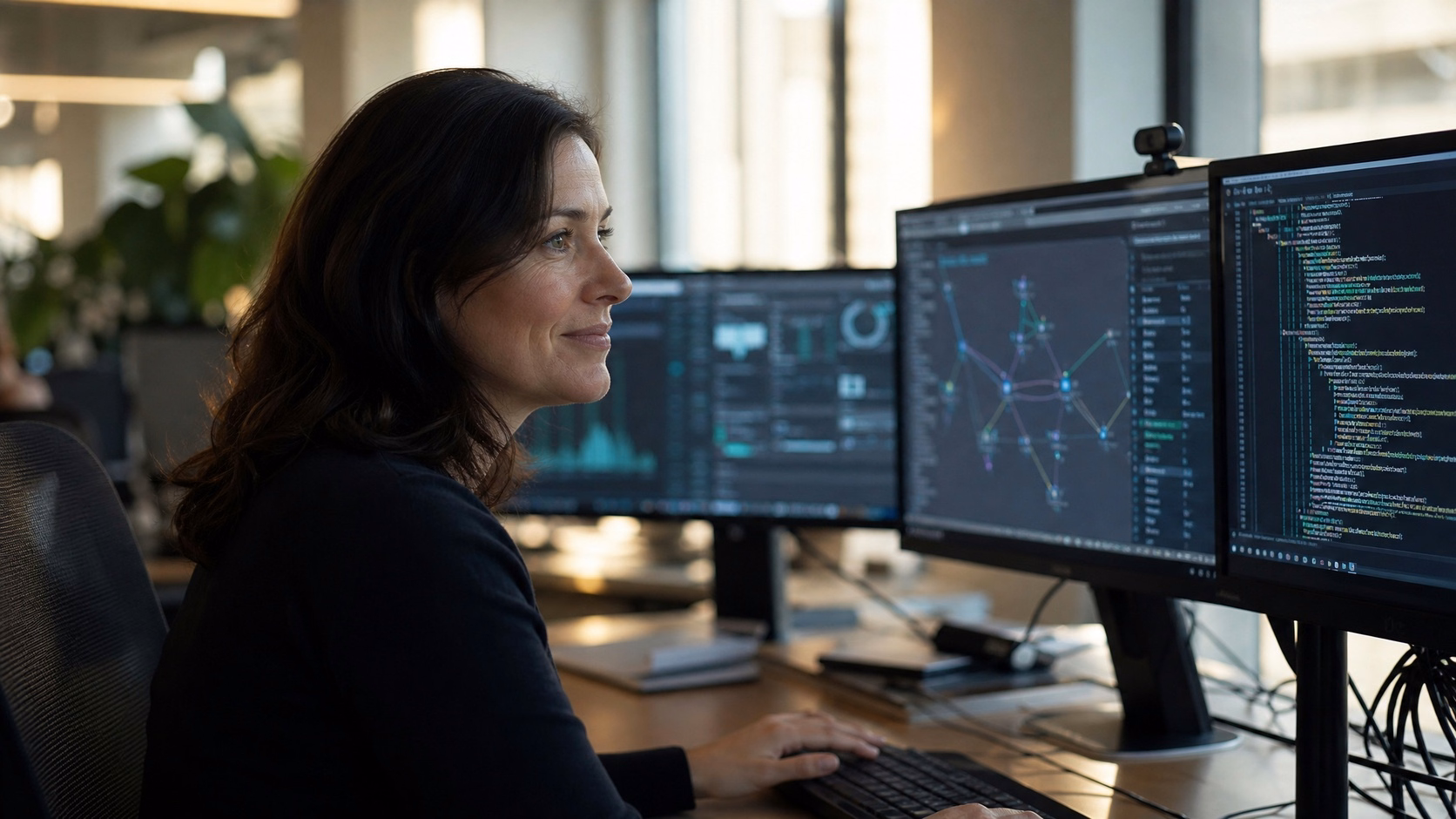 Woman analyzing code on monitor with morning light