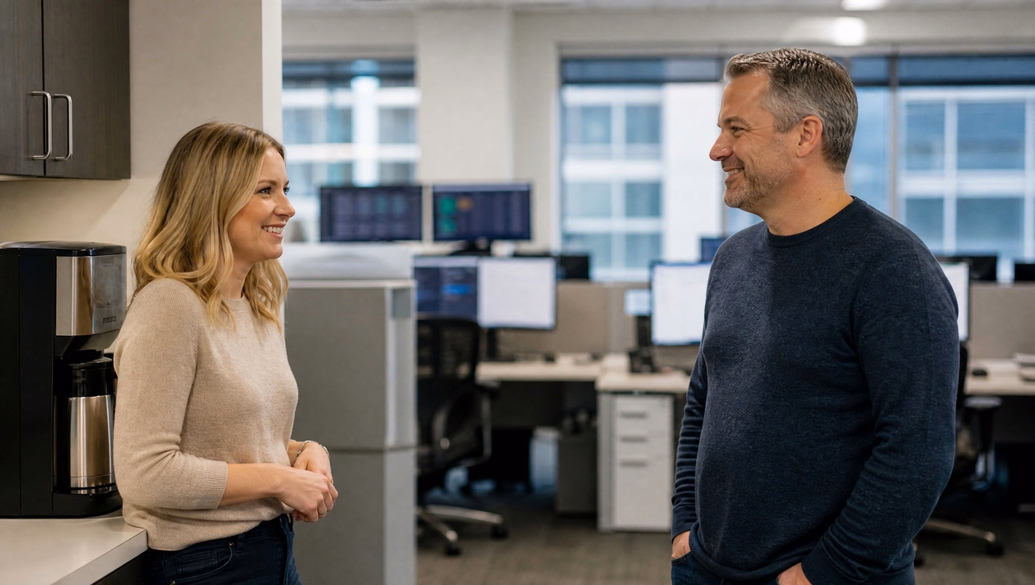 Woman and man chat near coffee machine, break room conversation