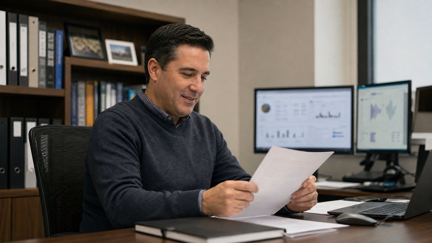 Man reviews document at desk by bookshelf 49