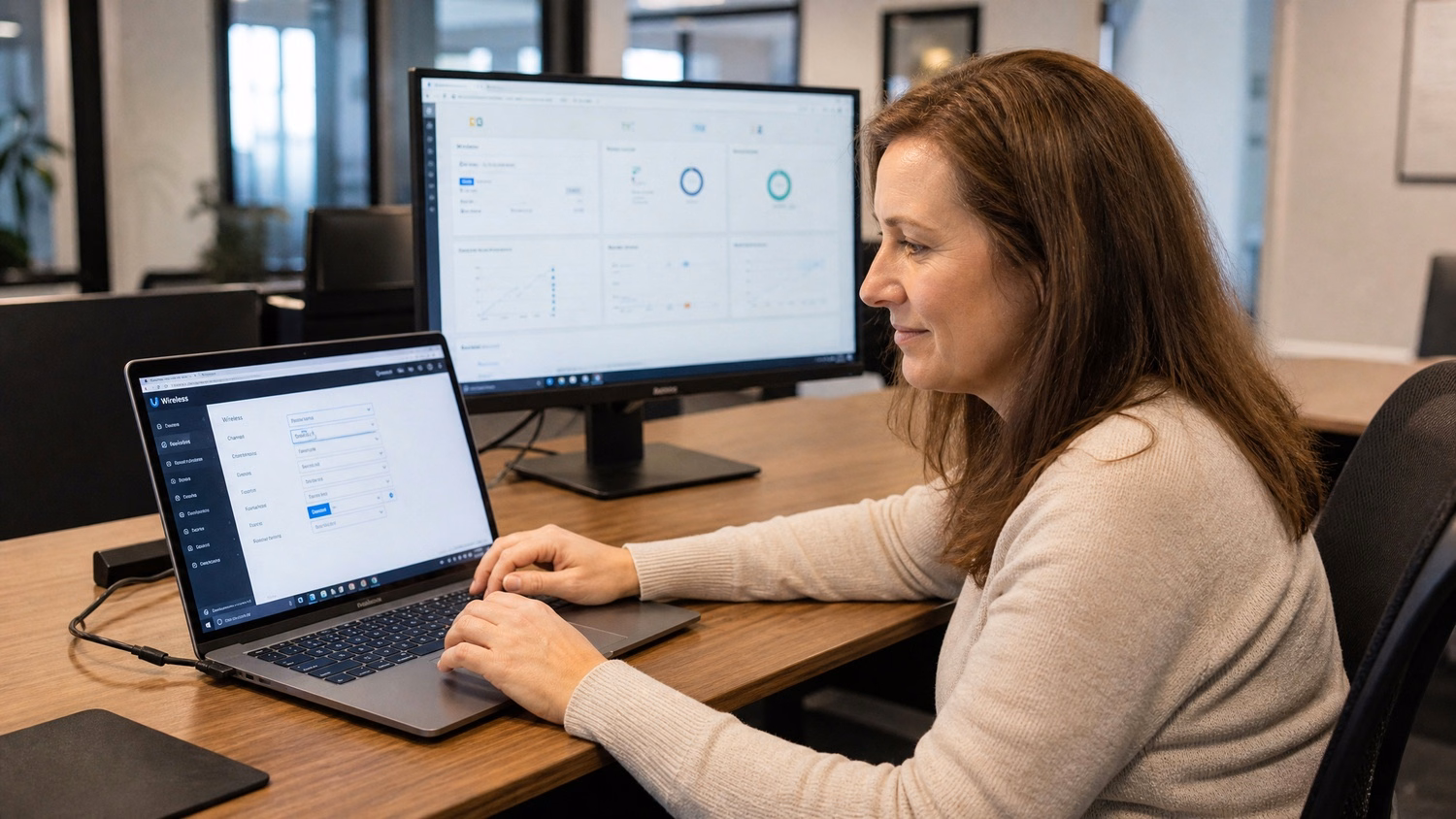 Woman configuring Wi-Fi router settings on laptop 60 chars