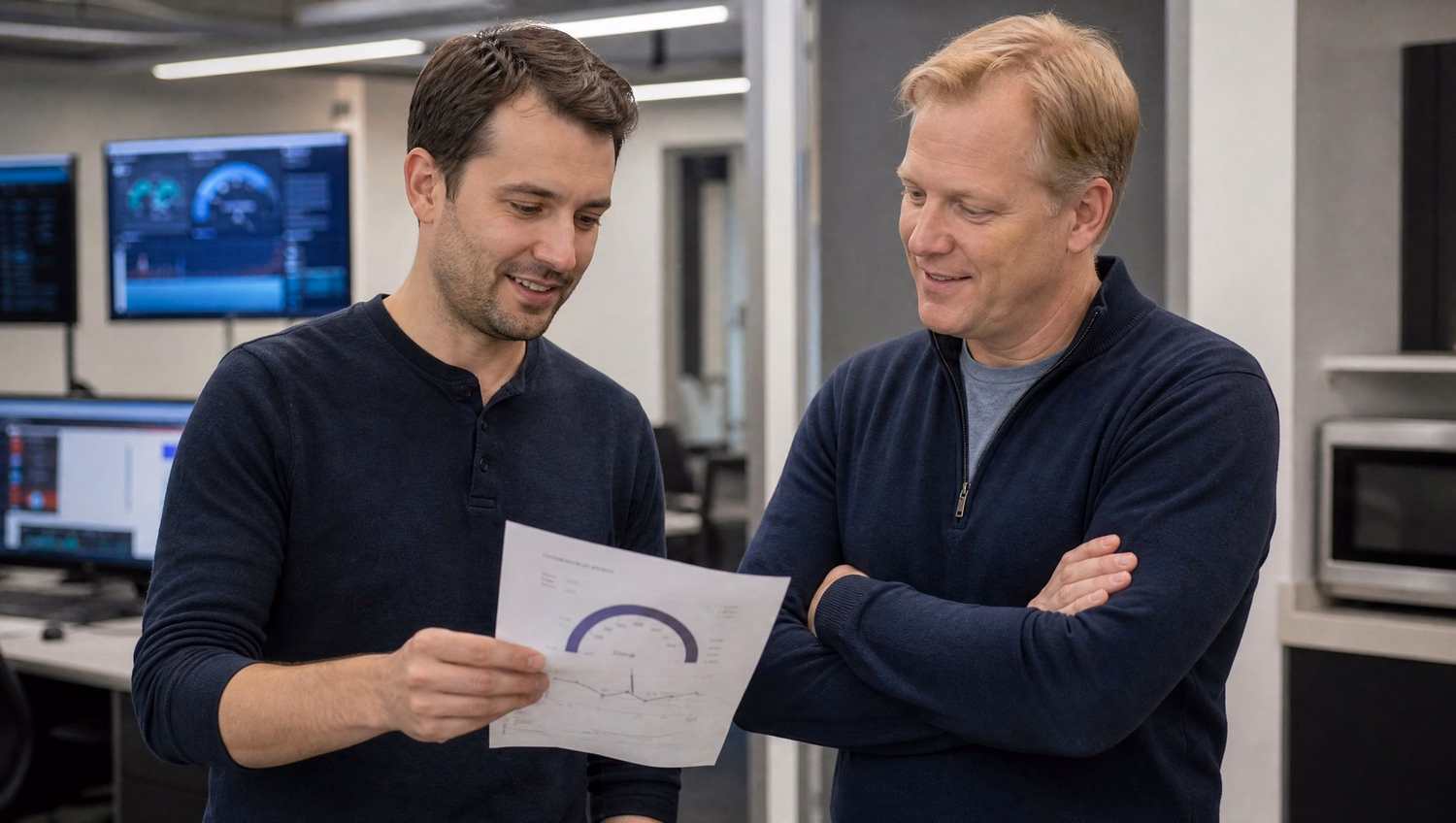 Men discuss Wi-Fi report in office breakroom 54 chars