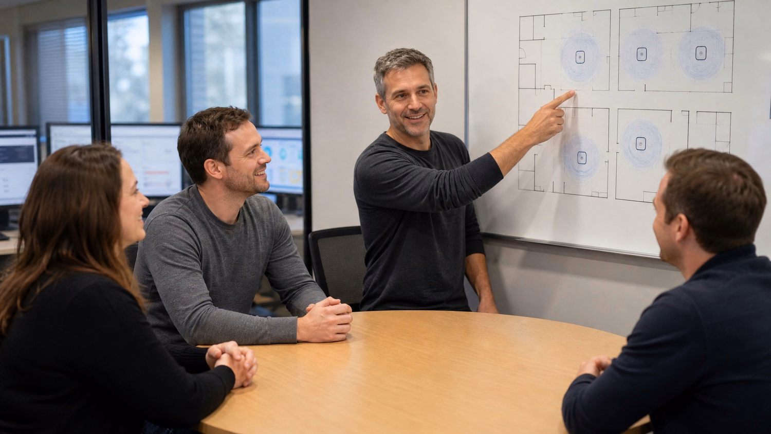 Four colleagues discuss Wi-Fi access point diagram