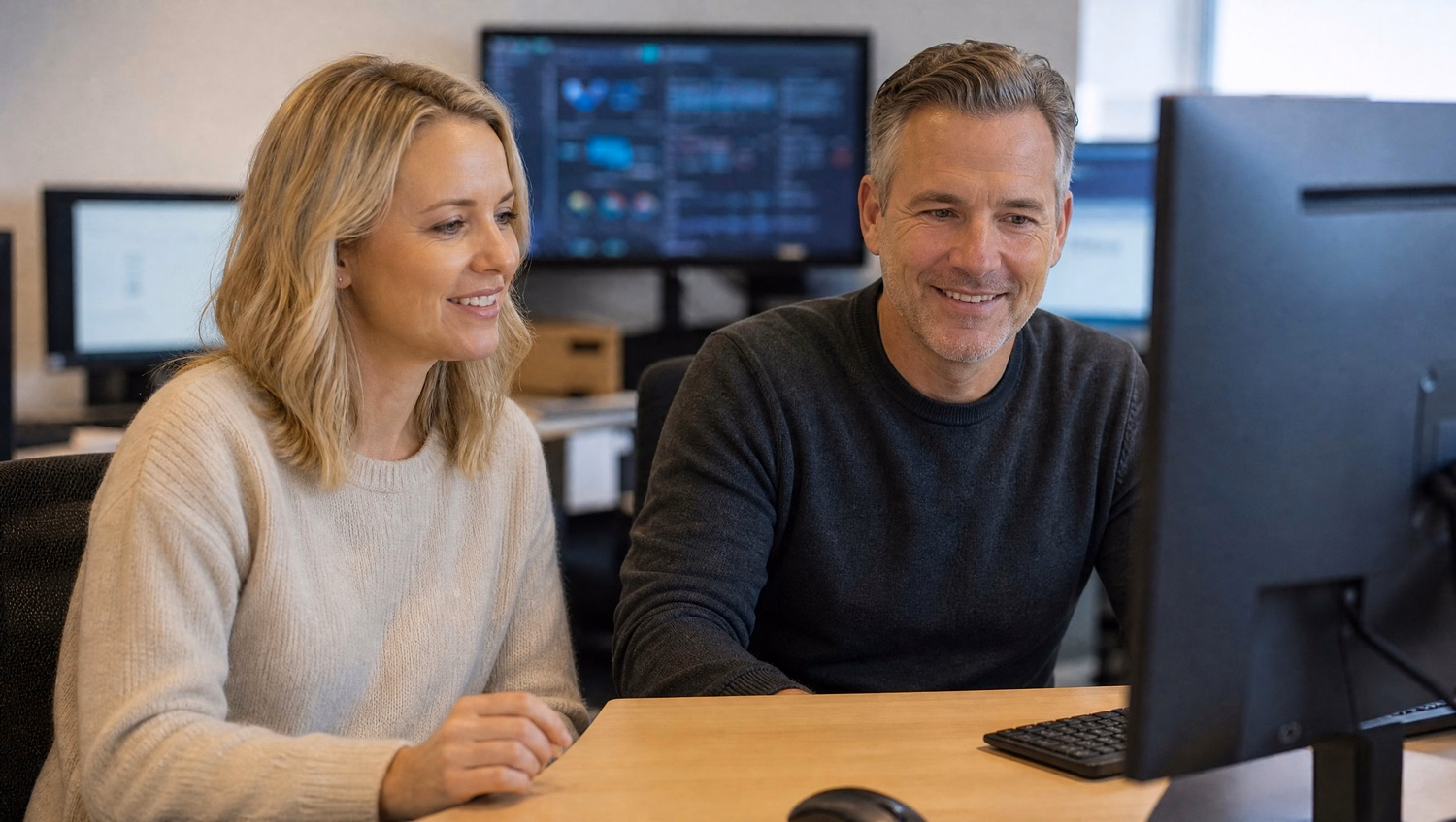 CTO duo reviewing complex tech diagram on monitor
