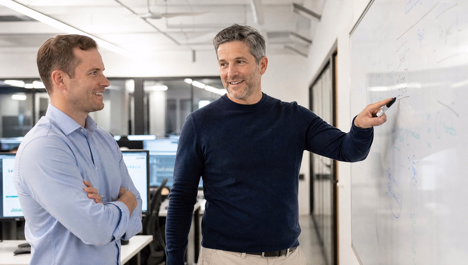 Fractional CTO discusses strategy at whiteboard with colleague 74 chars