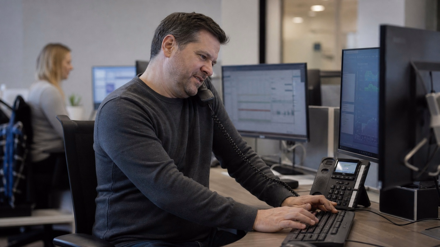 Man on phone types on keyboard, focused on screen