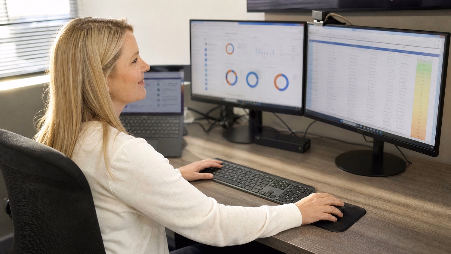Woman reviews Teams calling plan costs on spreadsheet, morning light 75 chars