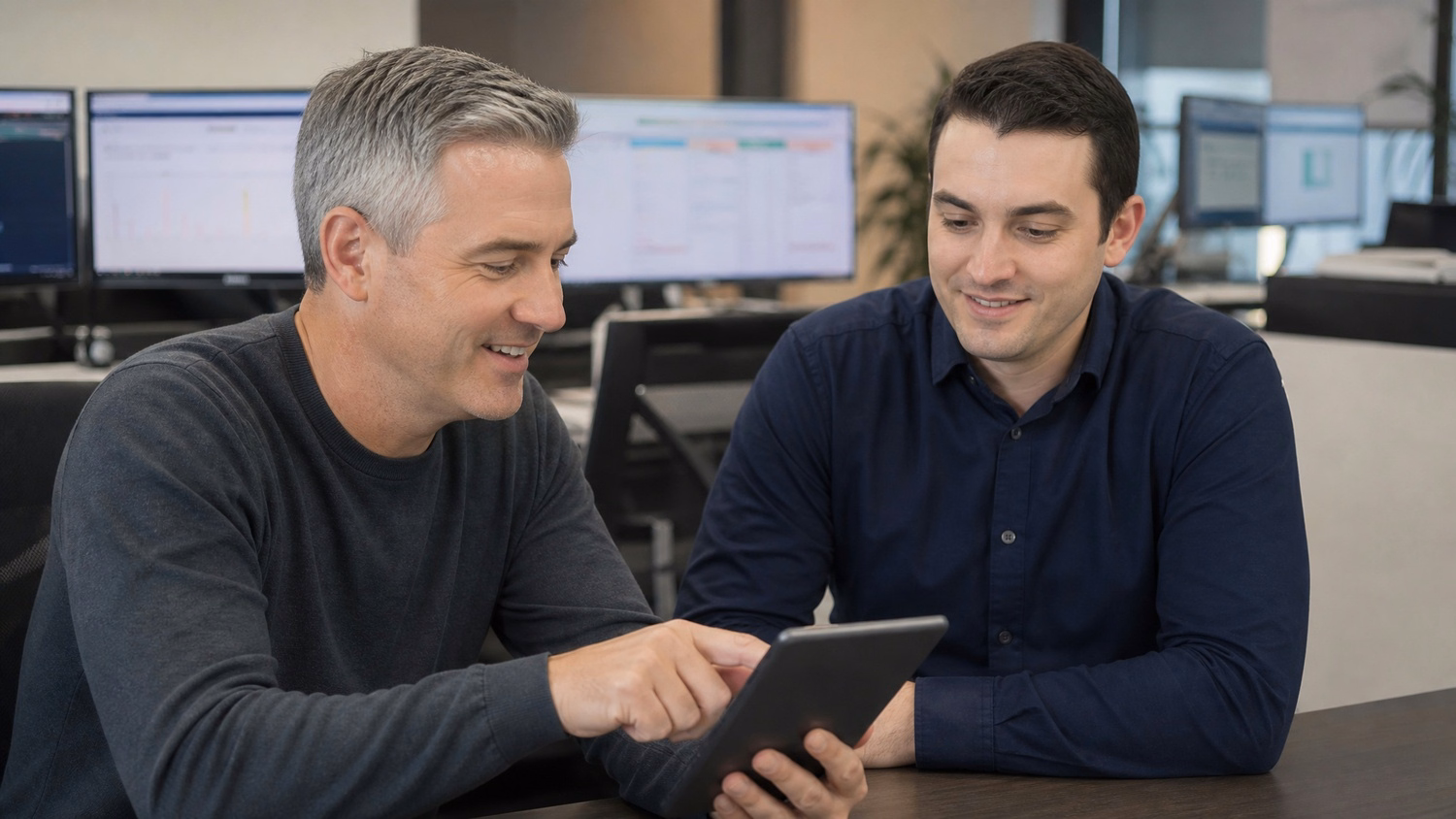 Men discussing call queues on tablet at meeting table