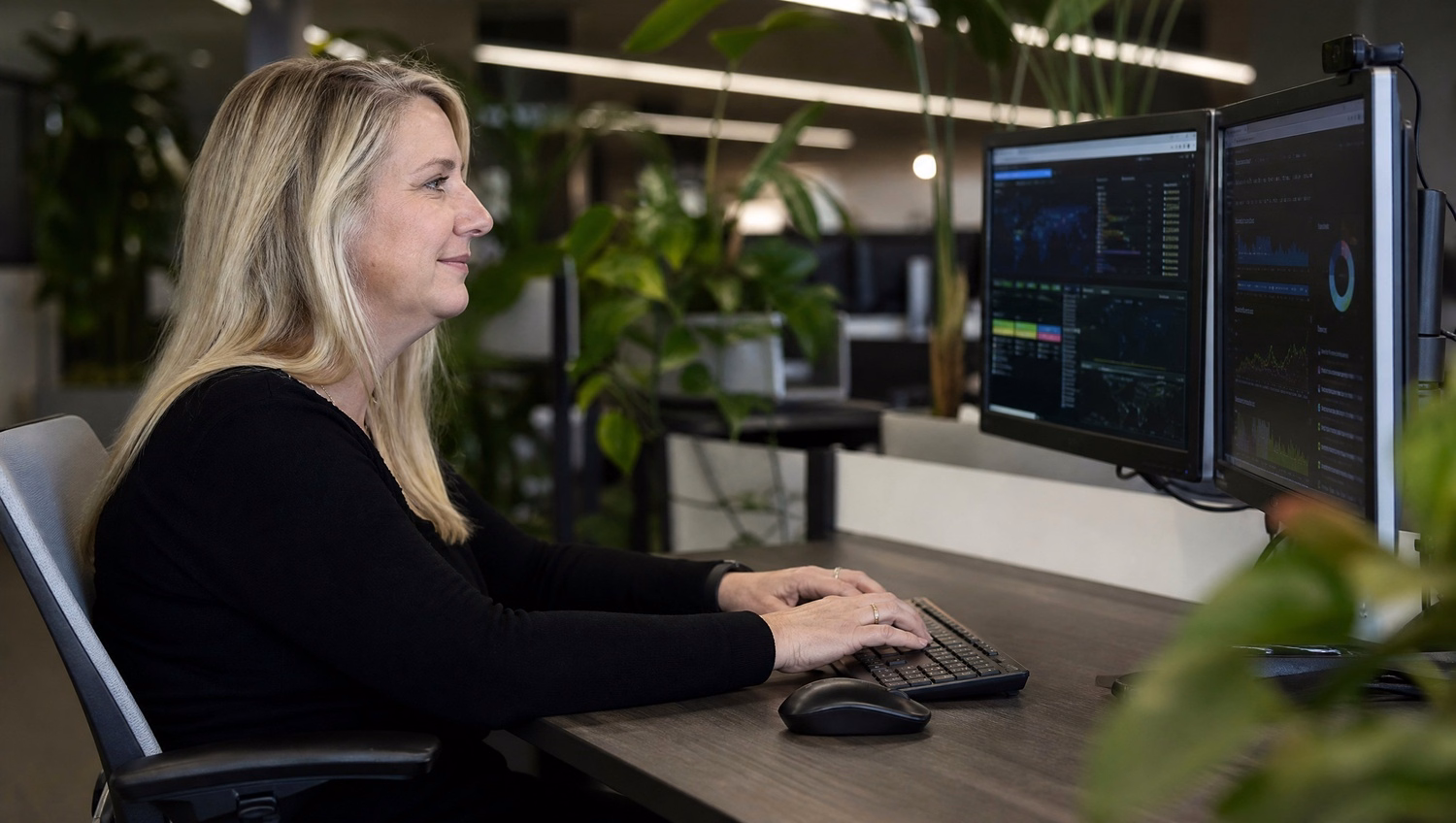 Woman types on keyboard, security dashboard on monitor
