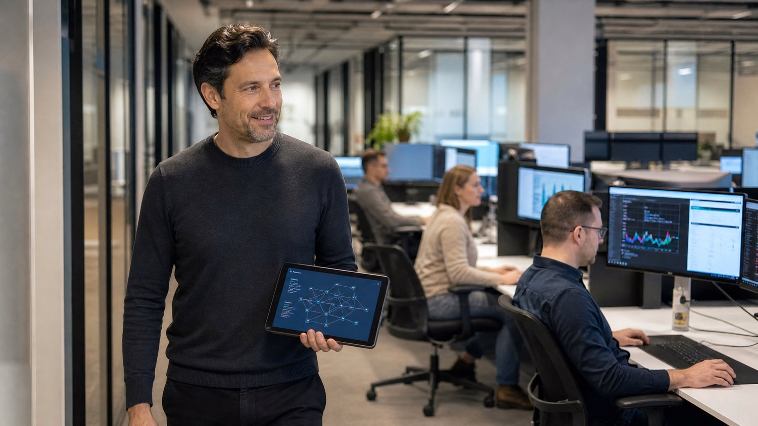 Man with tablet walks through bright office corridor, reviewing network diagram