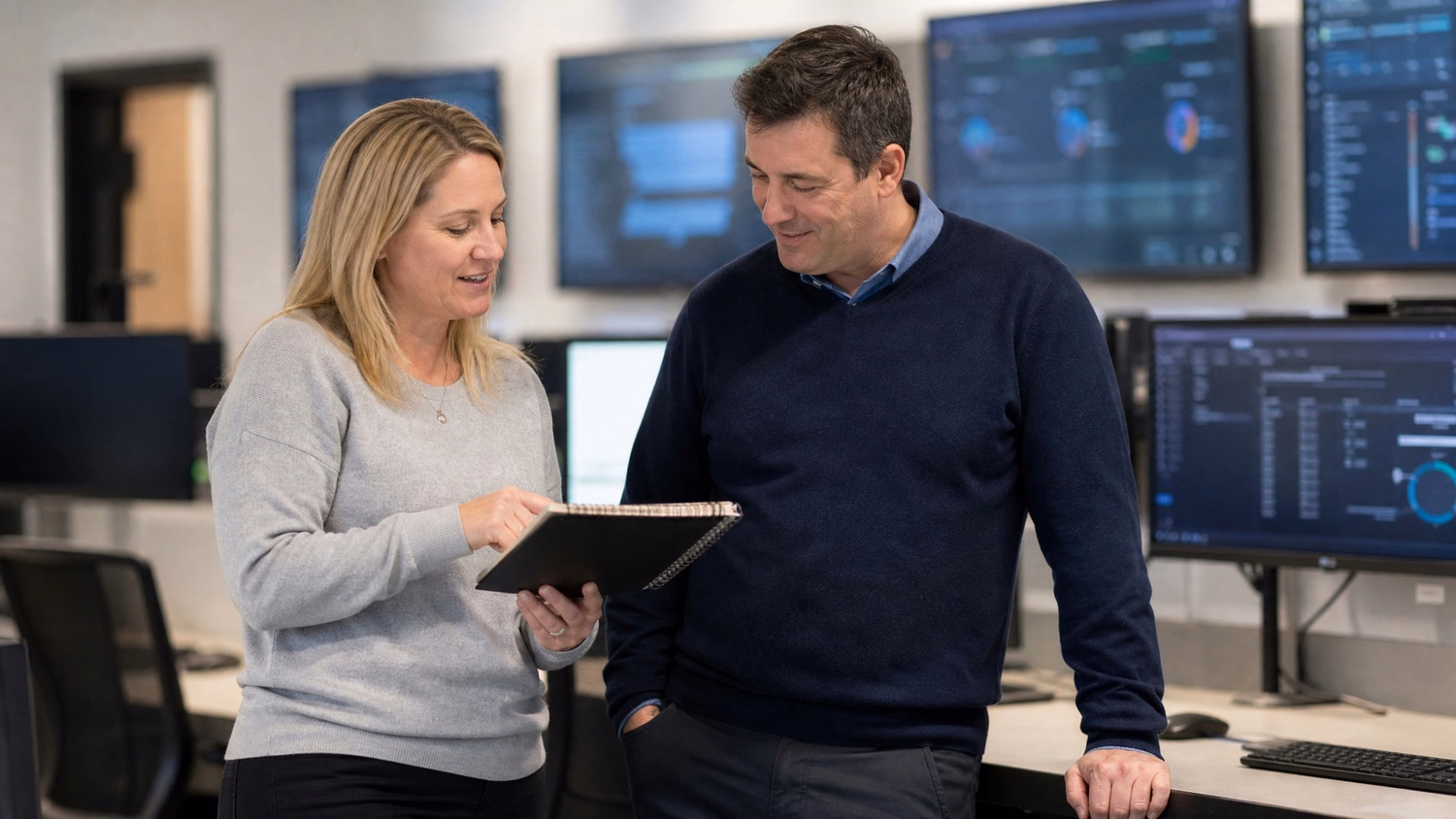 Woman with notebook discusses privileged account with man