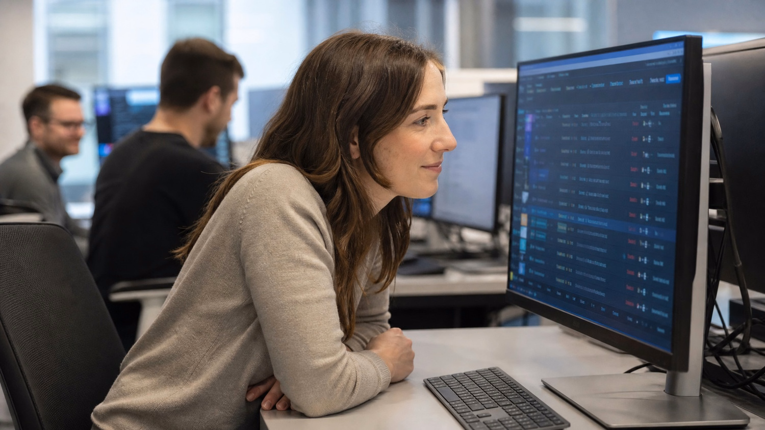 Woman monitors privileged session feed on screen 52