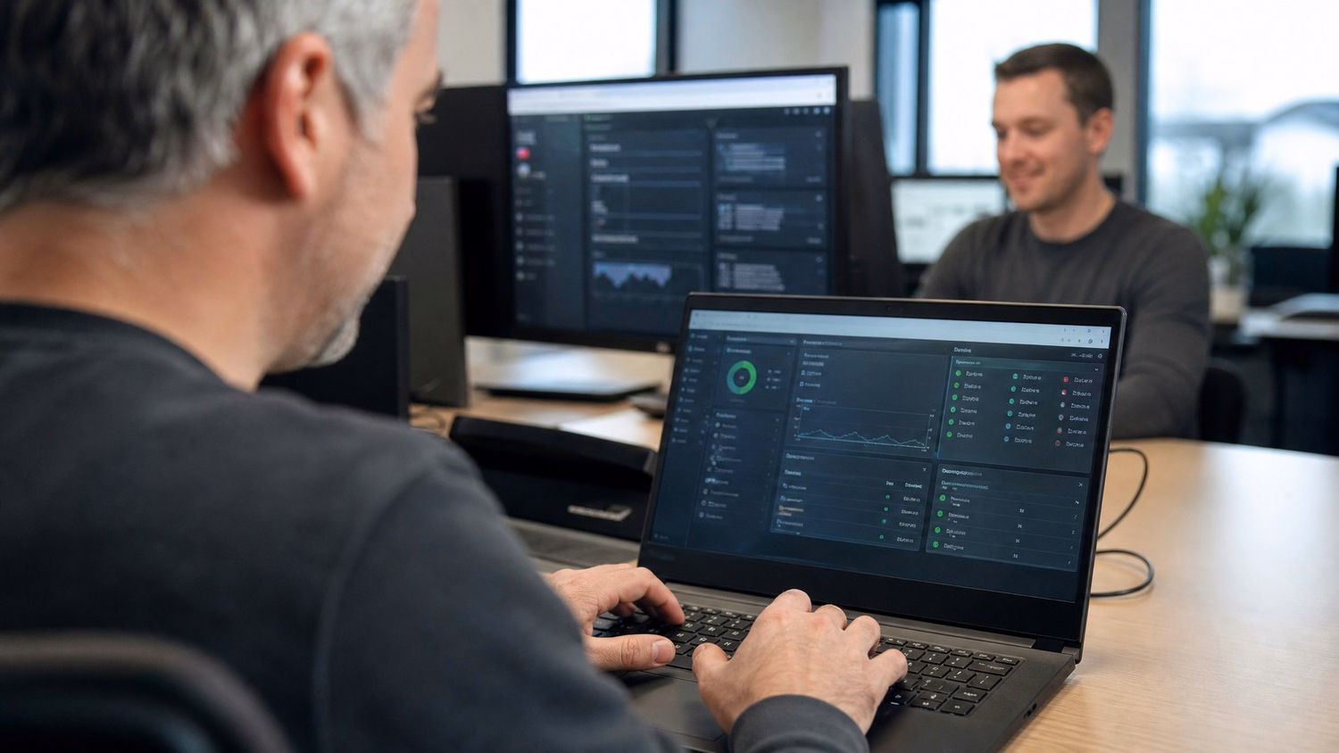 Mans hands typing on laptop, server dashboard visible 62 chars