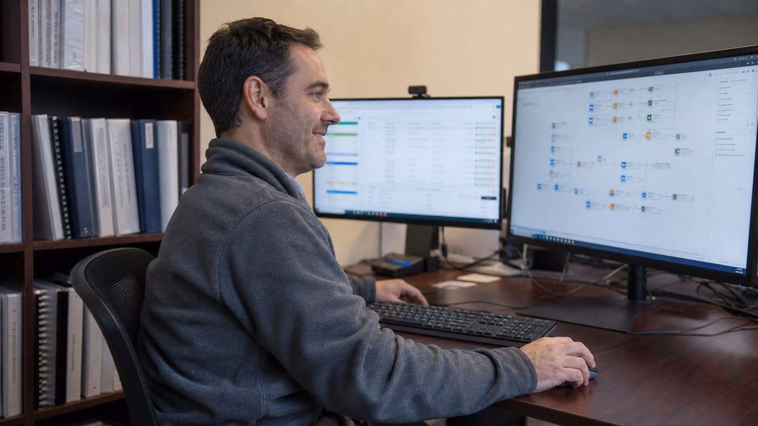 Man configures data flow diagram on computer screen