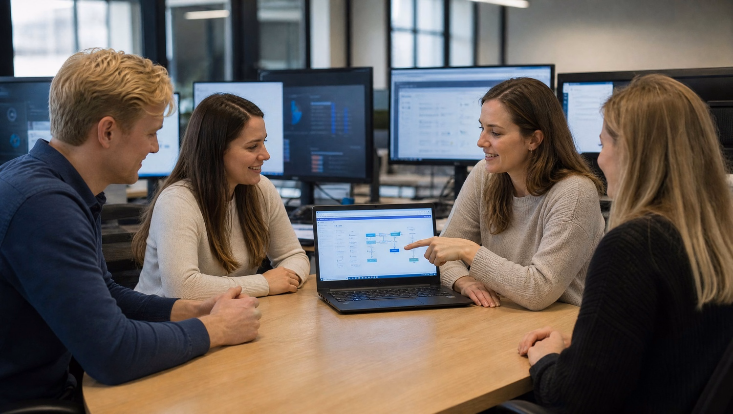 Colleagues in semicircle pointing at laptop screen 33