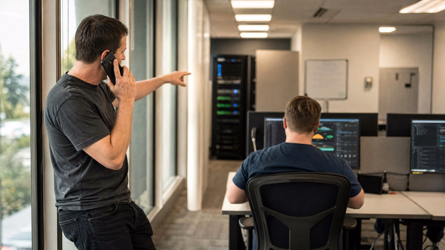 Man on phone gestures toward server rack by window