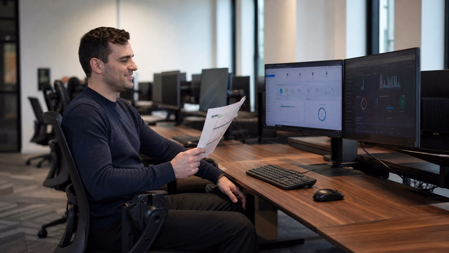 Man at open bench reviews security printout alone