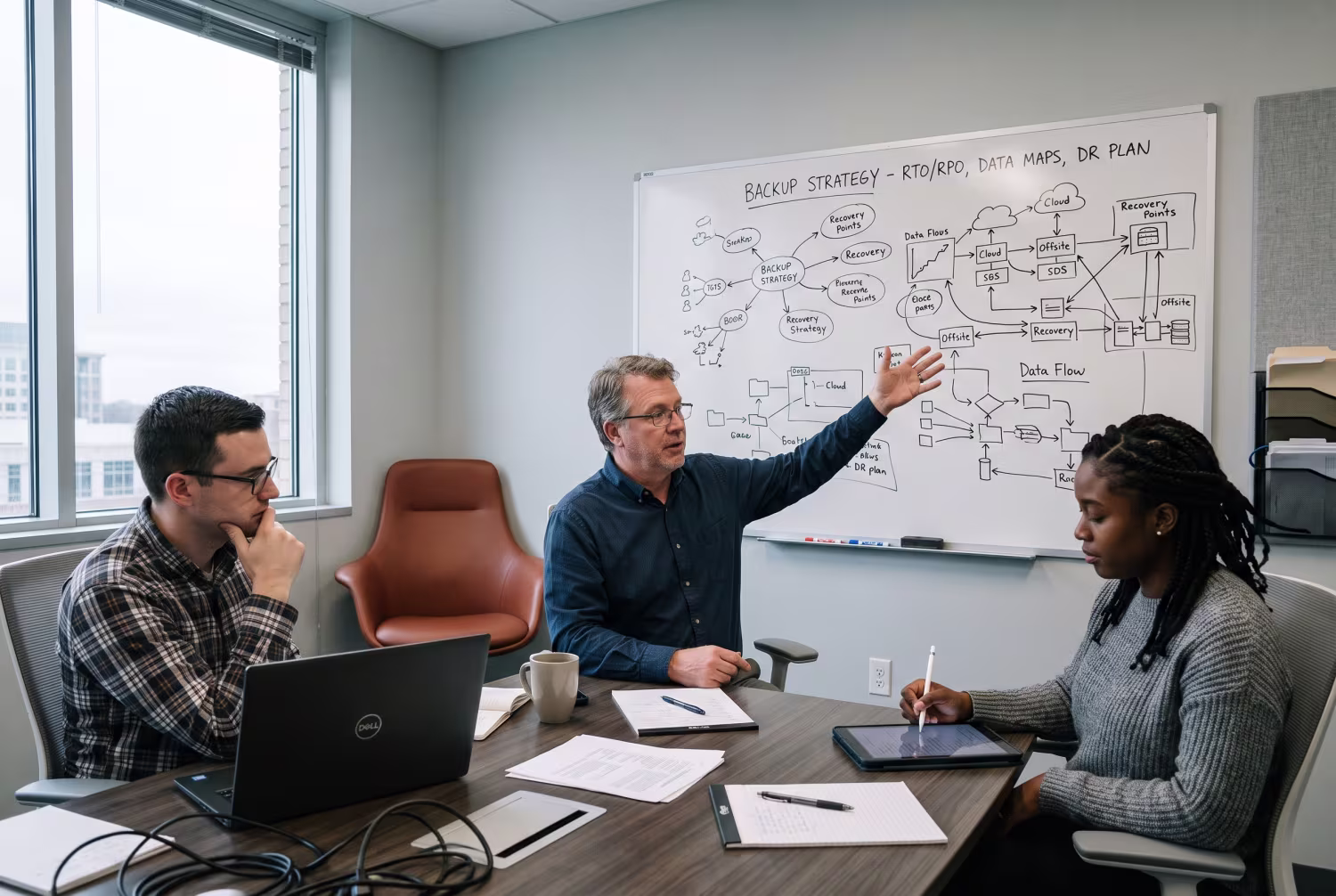 Three IT professionals discussing backup strategies in a conference room