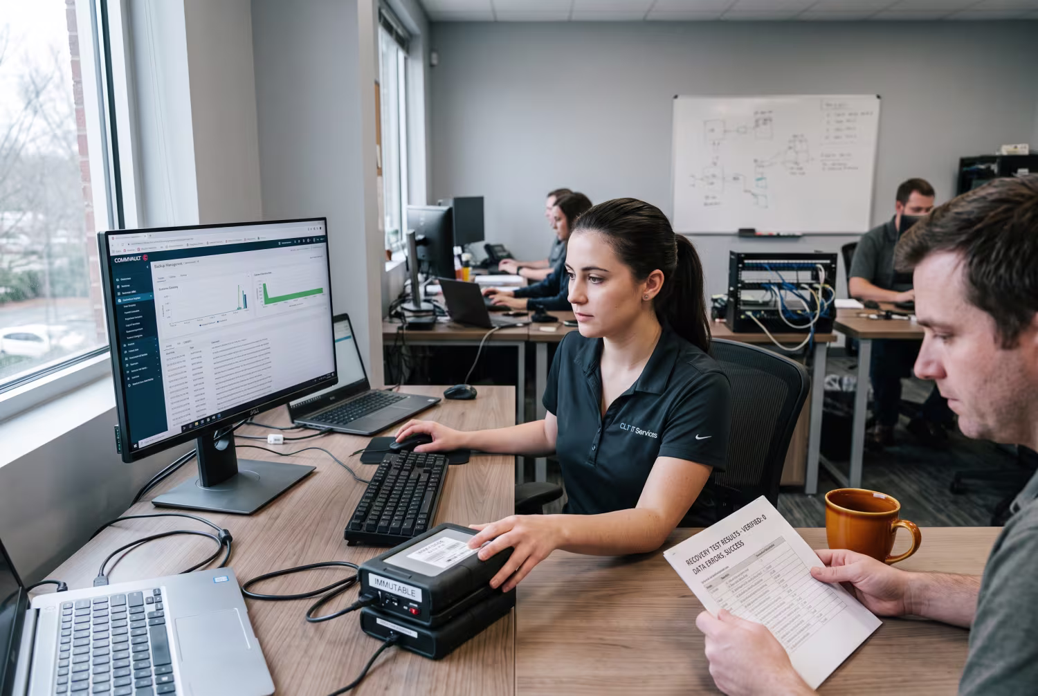 IT technician configuring backup drives in Charlotte office