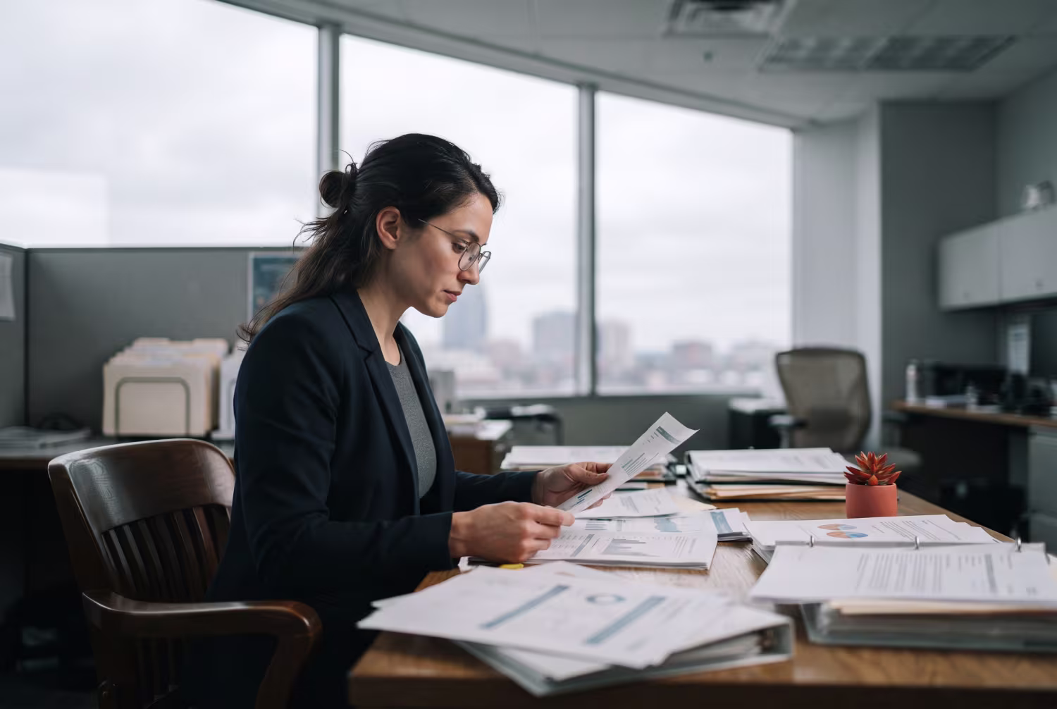 Cybersecurity analyst examining SEC documents at desk