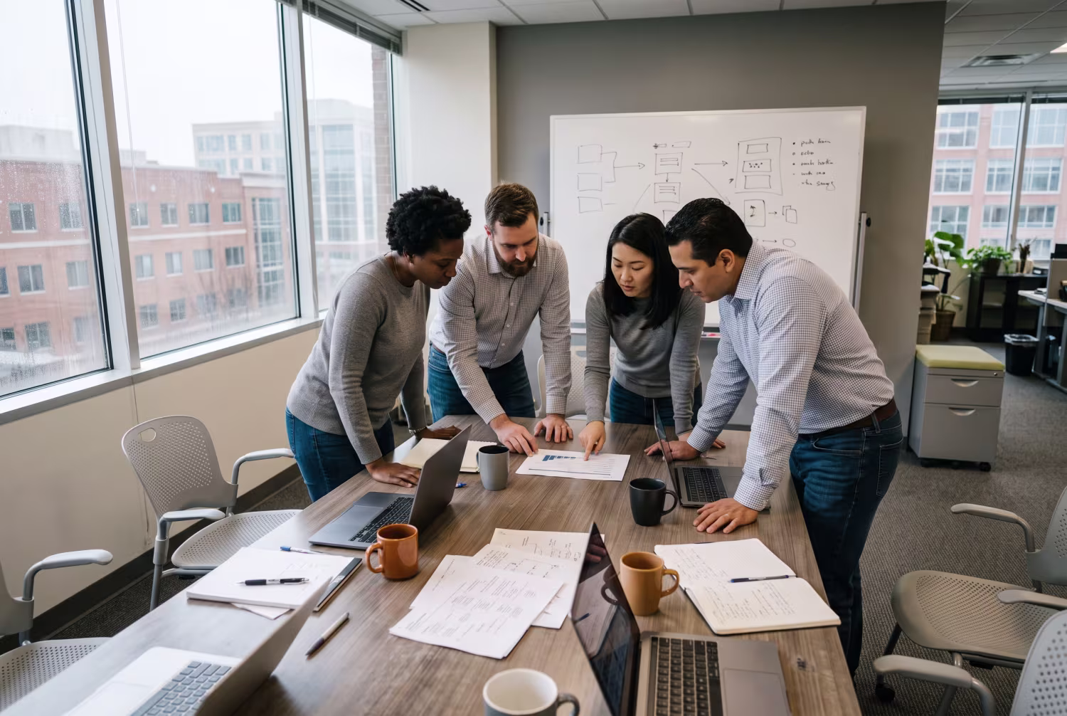 Diverse IT team discussing SEC cybersecurity rule at office table