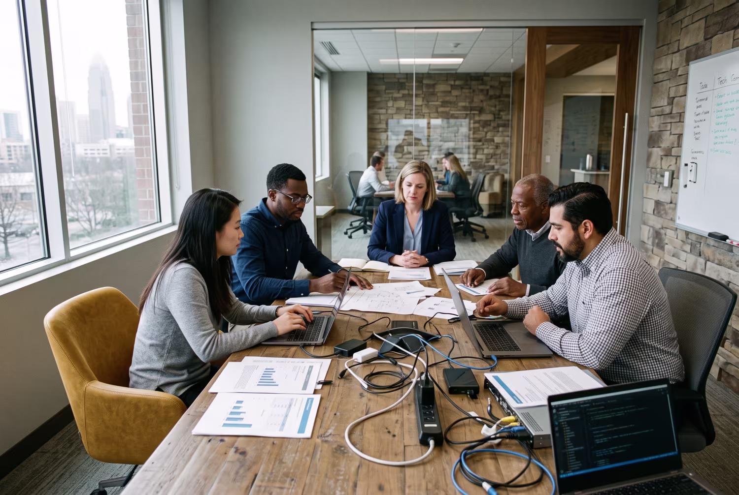 IT professionals and accountants collaborating at a conference table in a modern CPA firm's office