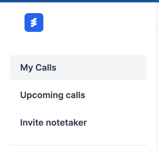 Screenshot of Wudpecker app menu showing "My Calls", "Upcoming calls", "Invite notetaker".