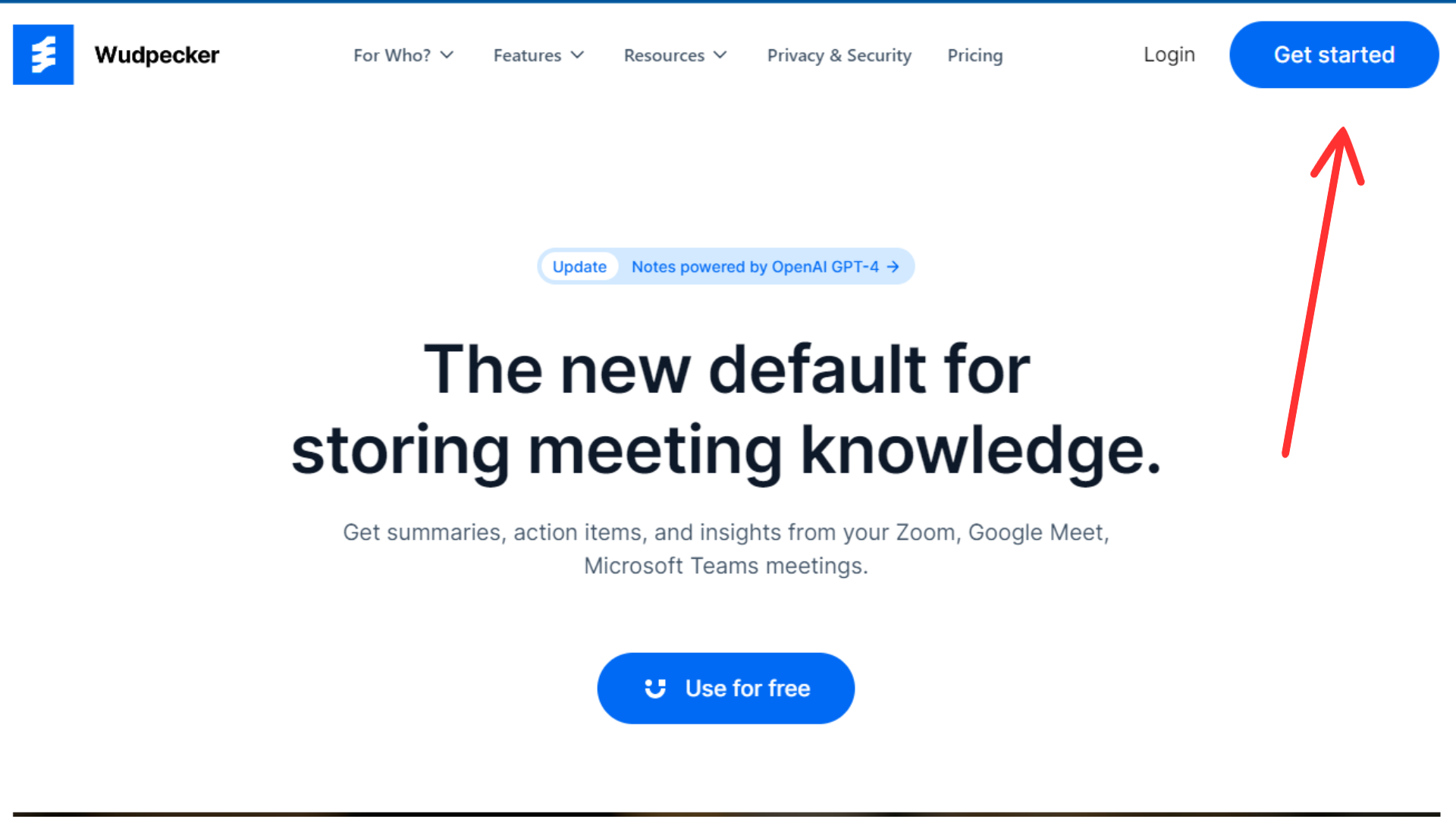 Wudpecker's home page with an arrow pointing to the "Get started" button