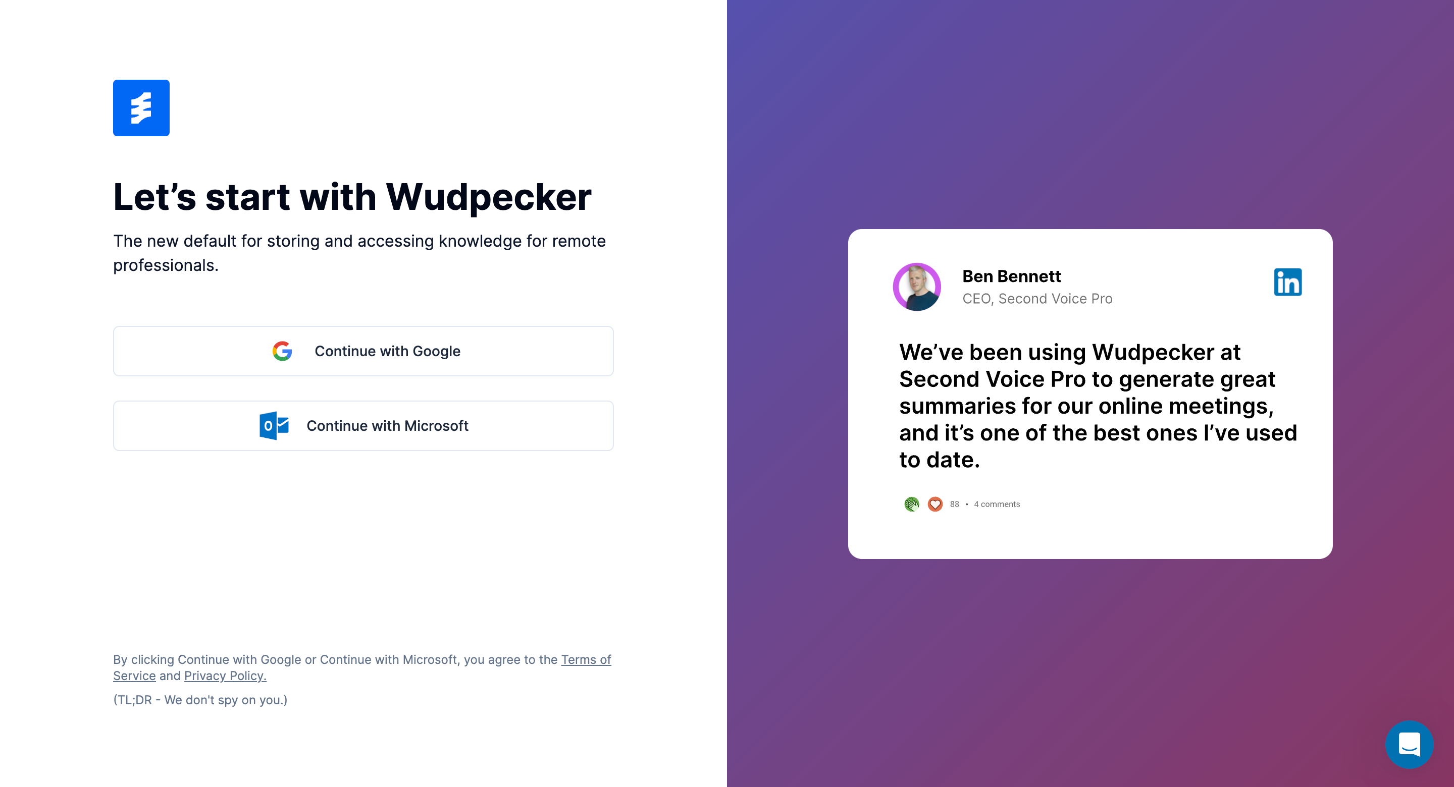 Wudpecker's signup page with buttons to either continue with Google or Microsoft.