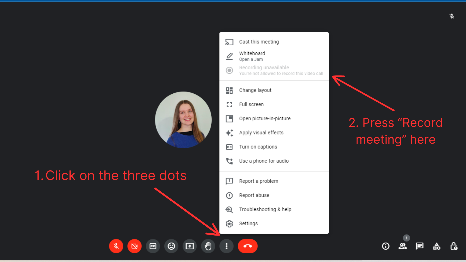 Screenshot of a Google Meet virtual meeting with arrows pointing at the three dots settings button and the record button, instructing how to record a meeting.