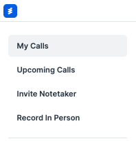 Screenshot of Wudpecker app menu showing "My Calls", "Upcoming calls", "Invite notetaker" and "Record In Person".