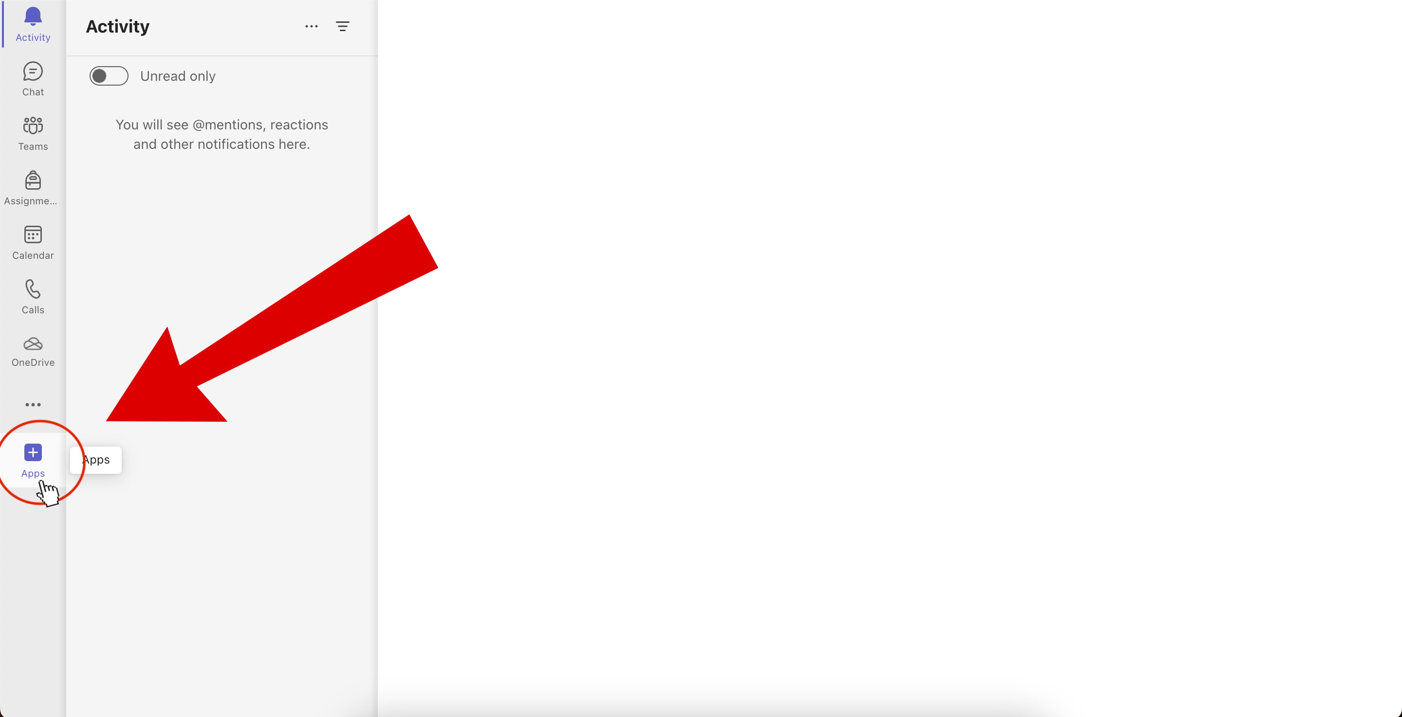 screenshot highlighting "apps" in the main menu of MS Teams