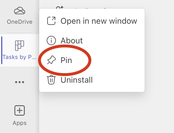 screenshot highlighting "Pin" next to the Tasks app in the main menu