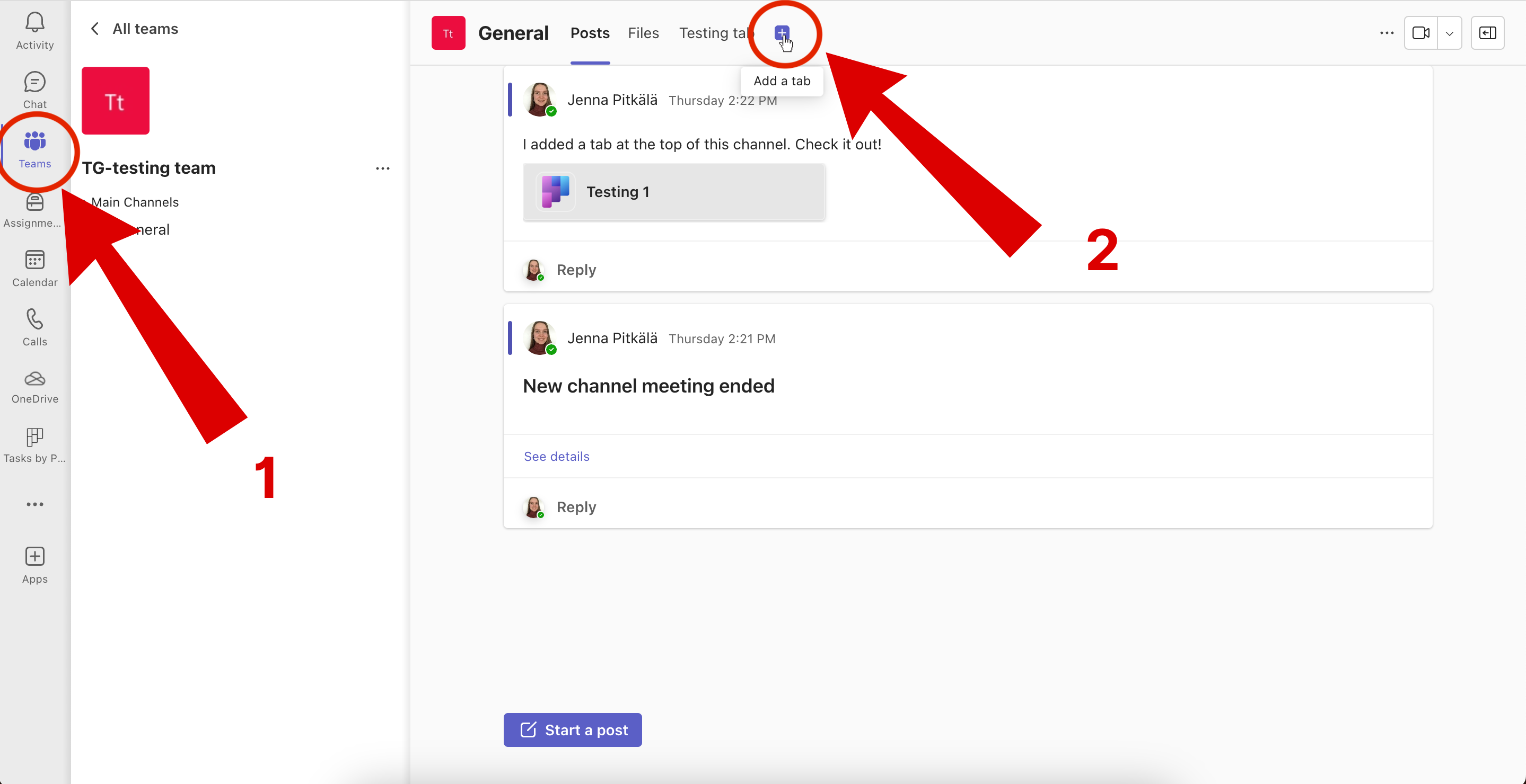screenshot with number 1 pointing to "Teams" on the menu, number 2 pointing to a plus sign to add a tab