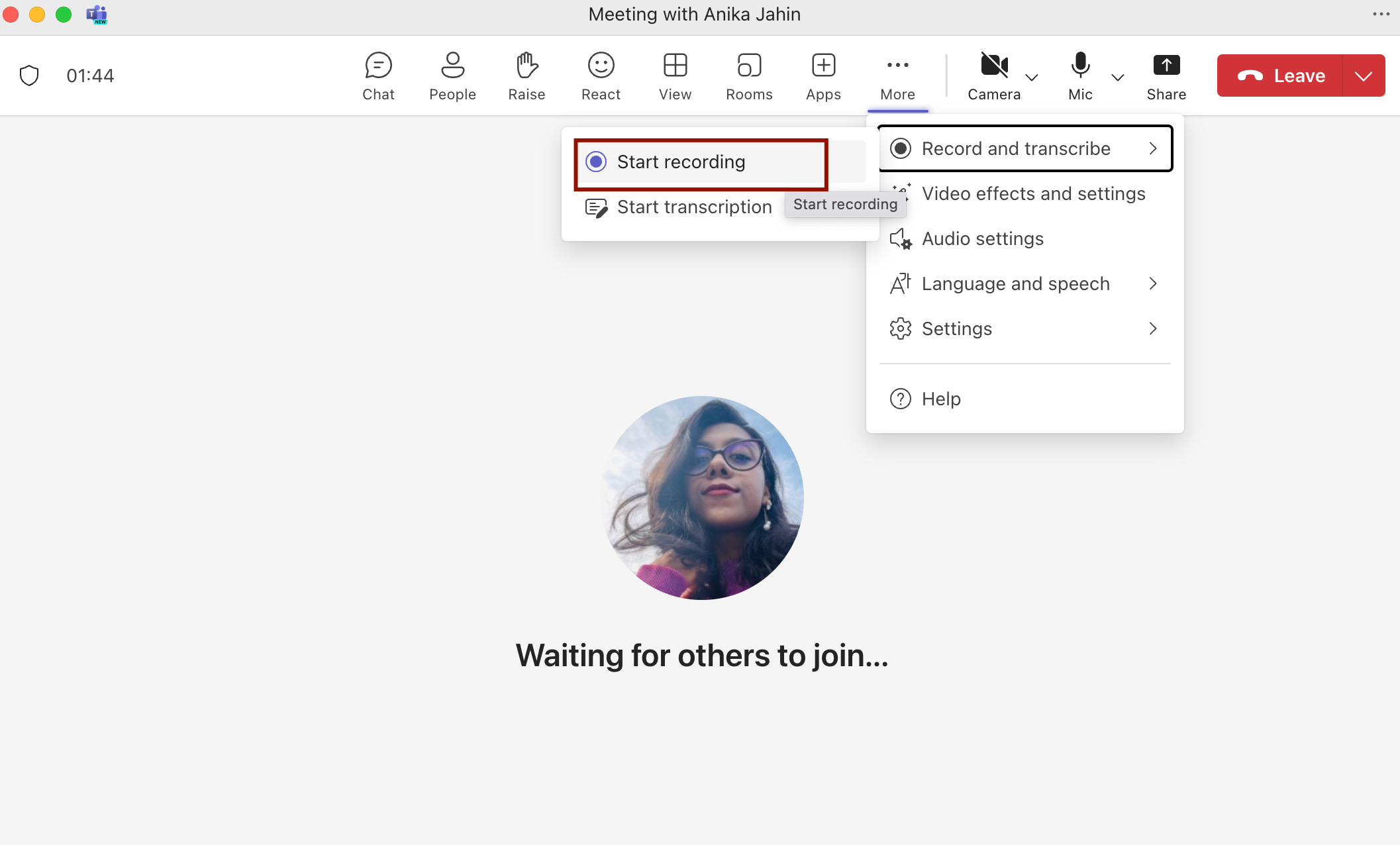 Start Meeting Recording Using Microsoft Teams