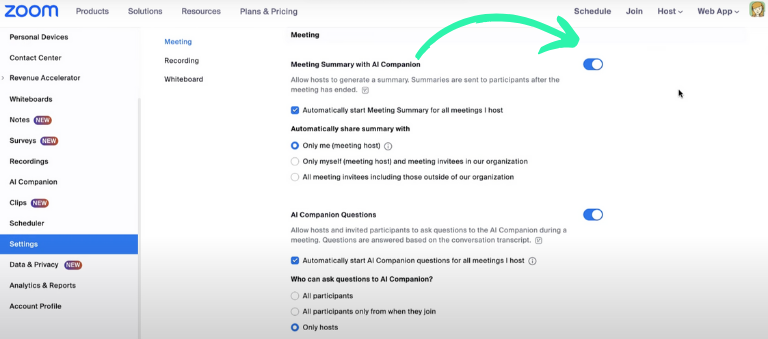 Enabled the “Meeting Summary With AI Companion” feature. (Image source: Zoom)