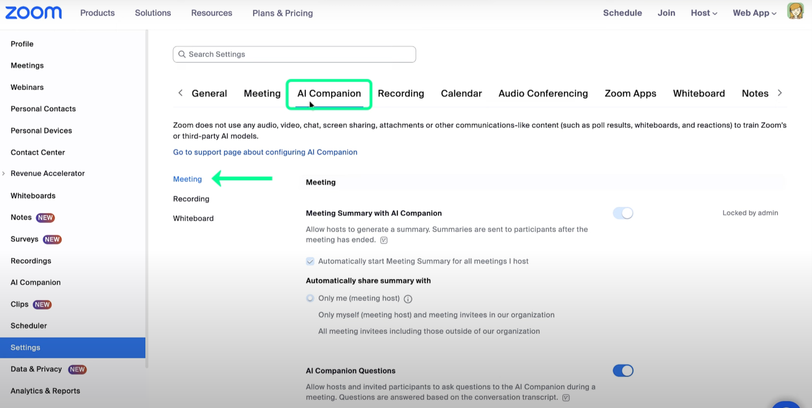 Locate the "AI Companion" section within the "Settings". (Image source: Zoom)