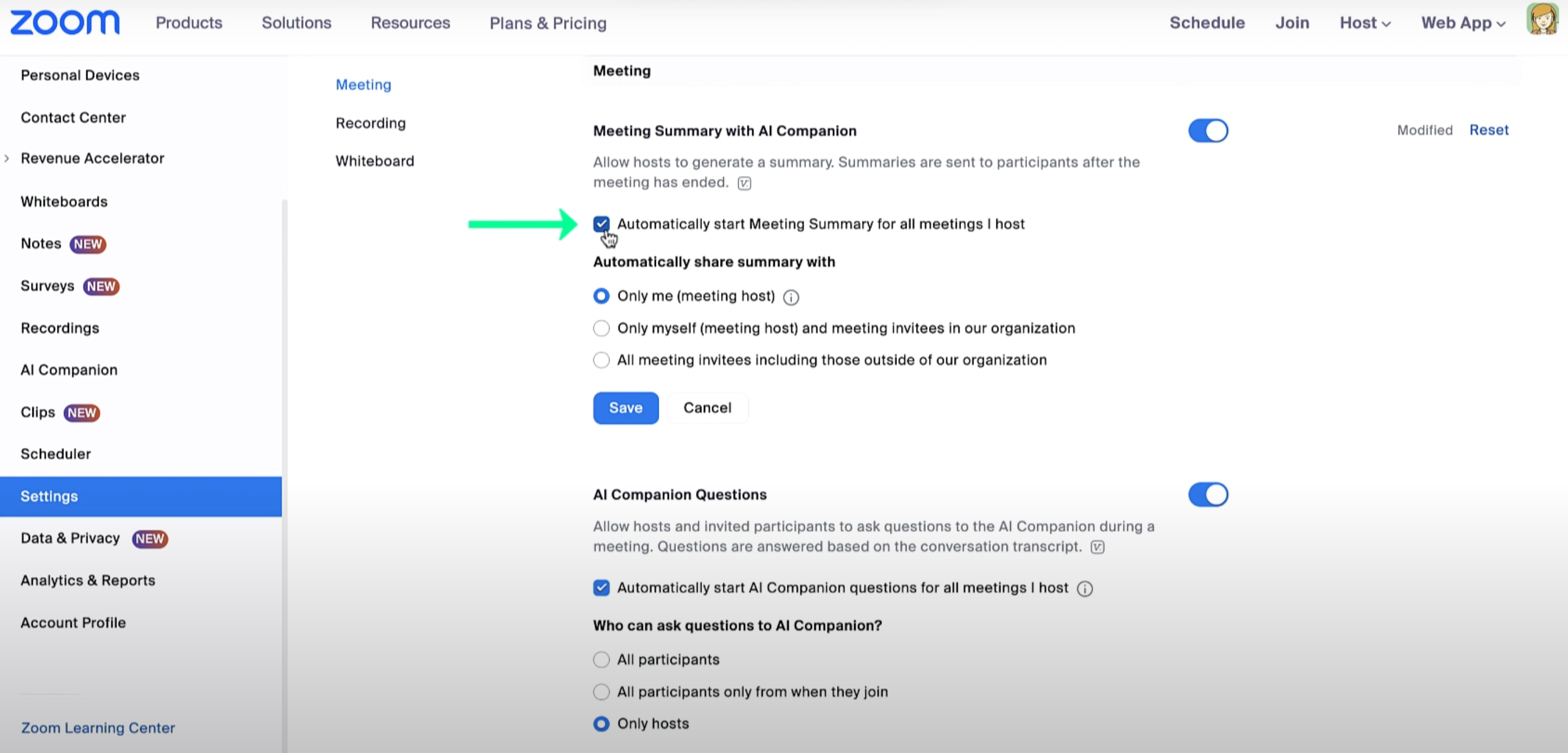 Enable "Automatically start meeting summary for all meetings you host" for starting summary automatically. (Image source: Zoom)