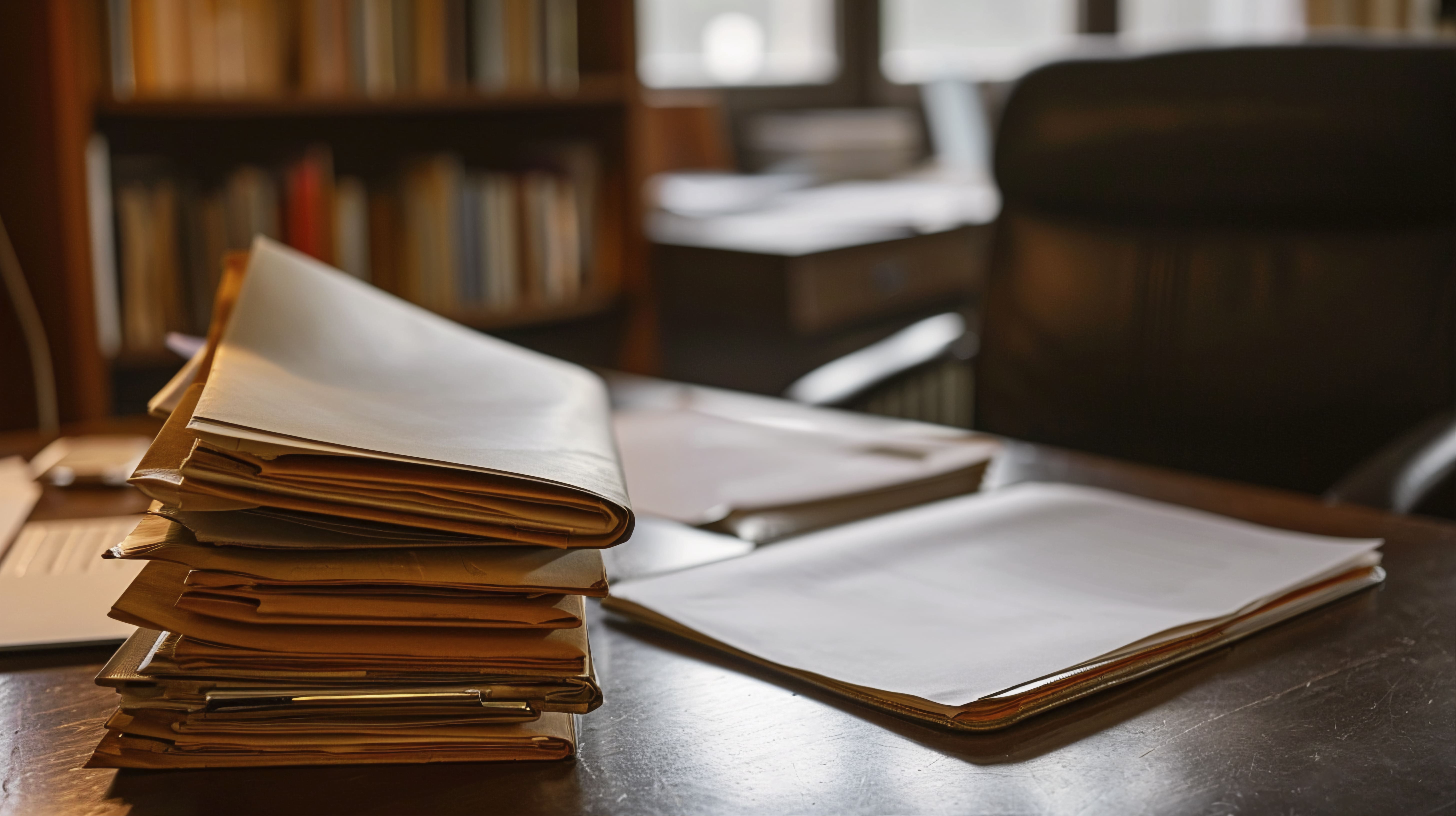 Pilha de documentos sobre uma mesa de escritório, com uma estante e uma cadeira ao fundo.