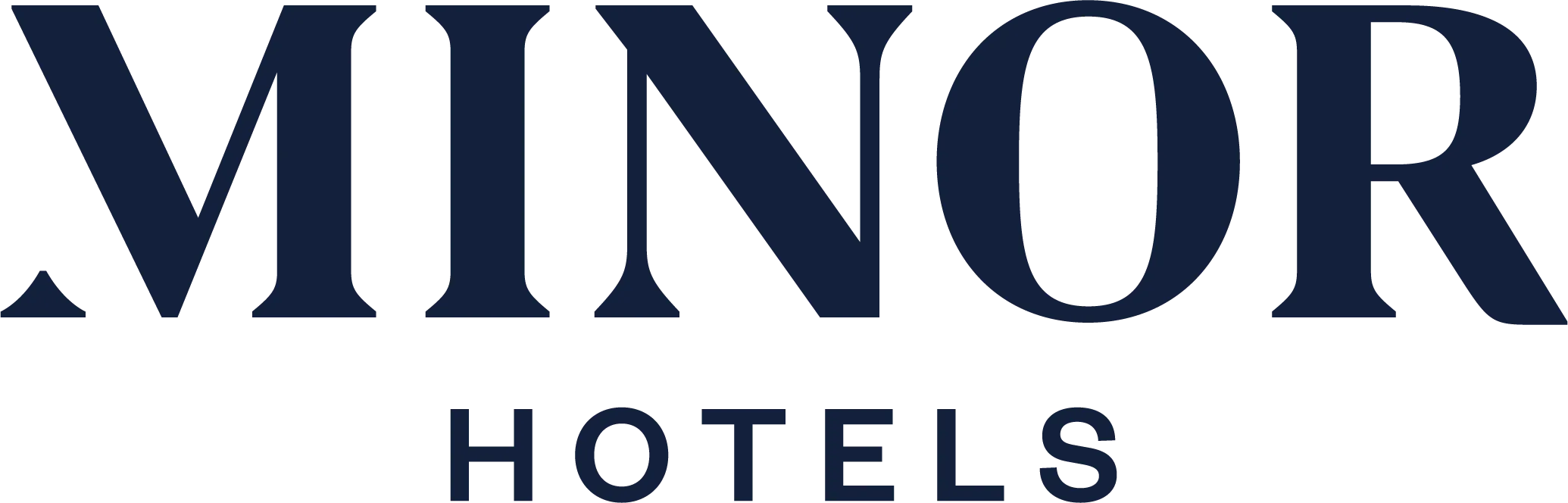 Logotipo de Minor Hotels con texto azul oscuro sobre fondo transparente.