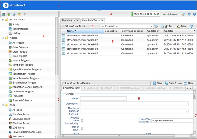 Screenshot of the Universal Automation Center (UAC) interface by Stonebranch, showing dashboards, Linux/Unix tasks, and task details for centralized automation.