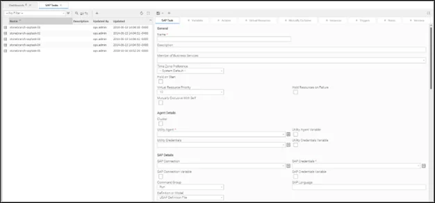 Screenshot of the main tab for creating SAP tasks in Universal Automation Center (UAC), with sections for general settings, agent details, and SAP configuration fields.