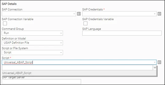 Screenshot of the SAP task creation tab in UAC, showcasing fields for SAP connection, credentials, command group, and a predefined script labeled Universal_ABAP_Script.