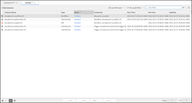 Screenshot of the Activity Monitor in Universal Automation Center, displaying task instances, statuses, start and end times, and filtering options for monitoring activities.