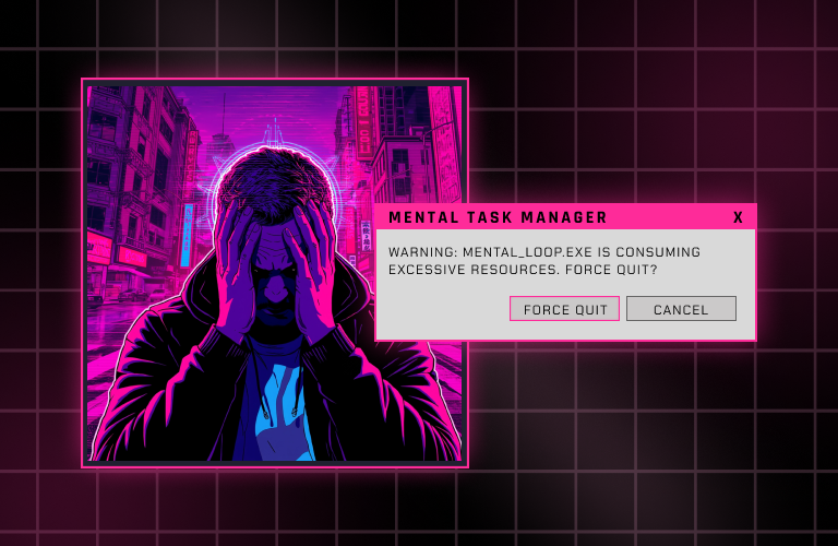 Escape overthinking, cyberpunk, fireberry pink, subtle grids