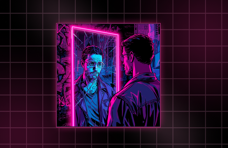 cyberpunk, subtle grids, fireberry pink, guy looking in a cracked mirror feeling down about himself