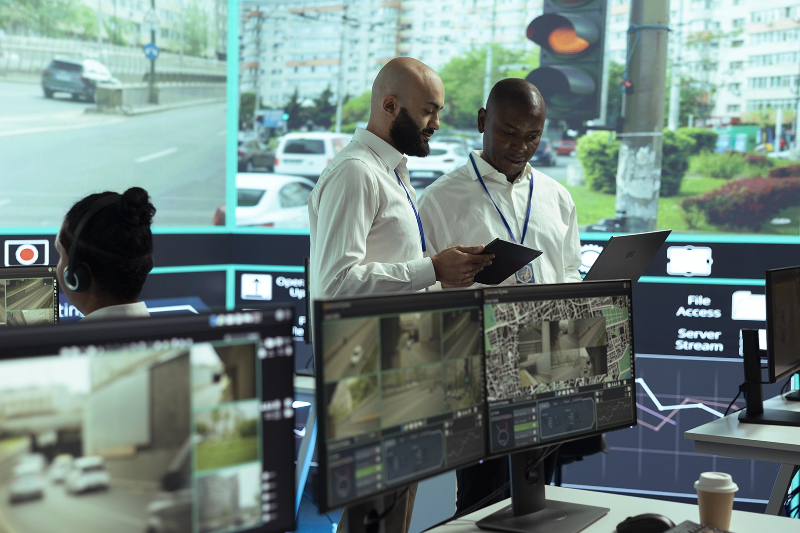 Security professionals monitor multiple live video feeds and urban traffic data in a control room equipped with advanced surveillance technology. Multiple screens display real-time footage and maps powered by IoT sensors, used for intelligent crowd management and incident response in smart cities.