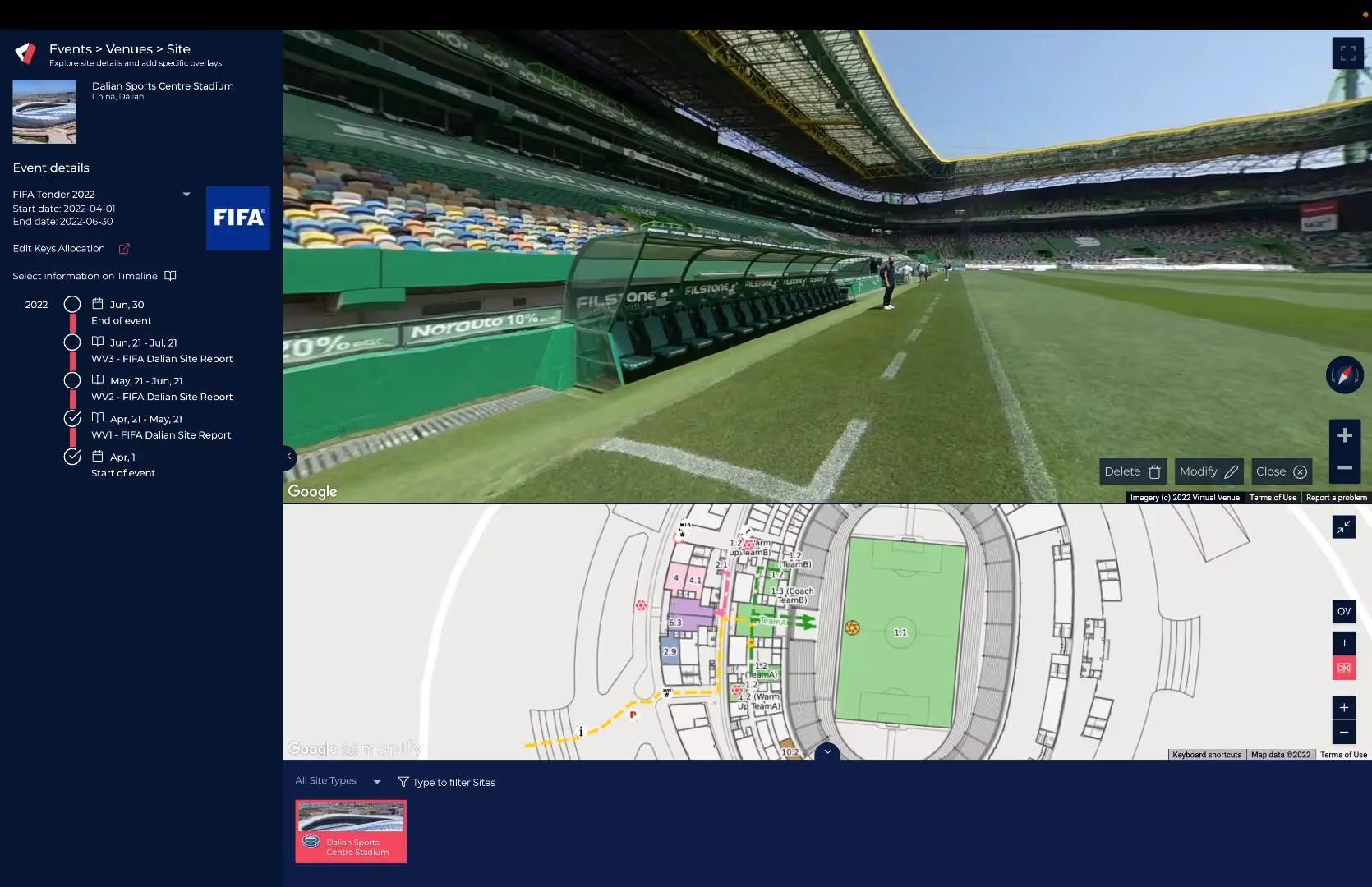 Virtual Venue platform showing a 360 panorama photo of a stadium with 360° virtual visit and venue overlay map, used for event asset management, venue management, and planning sports competitions.