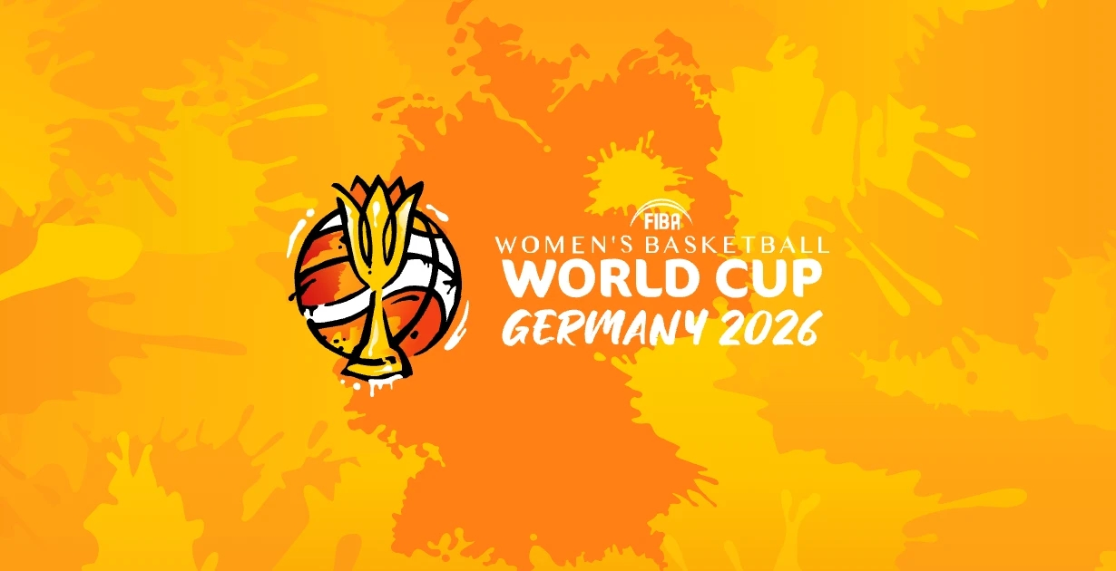 FIBA Women’s Basketball World Cup Germany 2026 official logo on an orange background with a stylized basketball and trophy design.