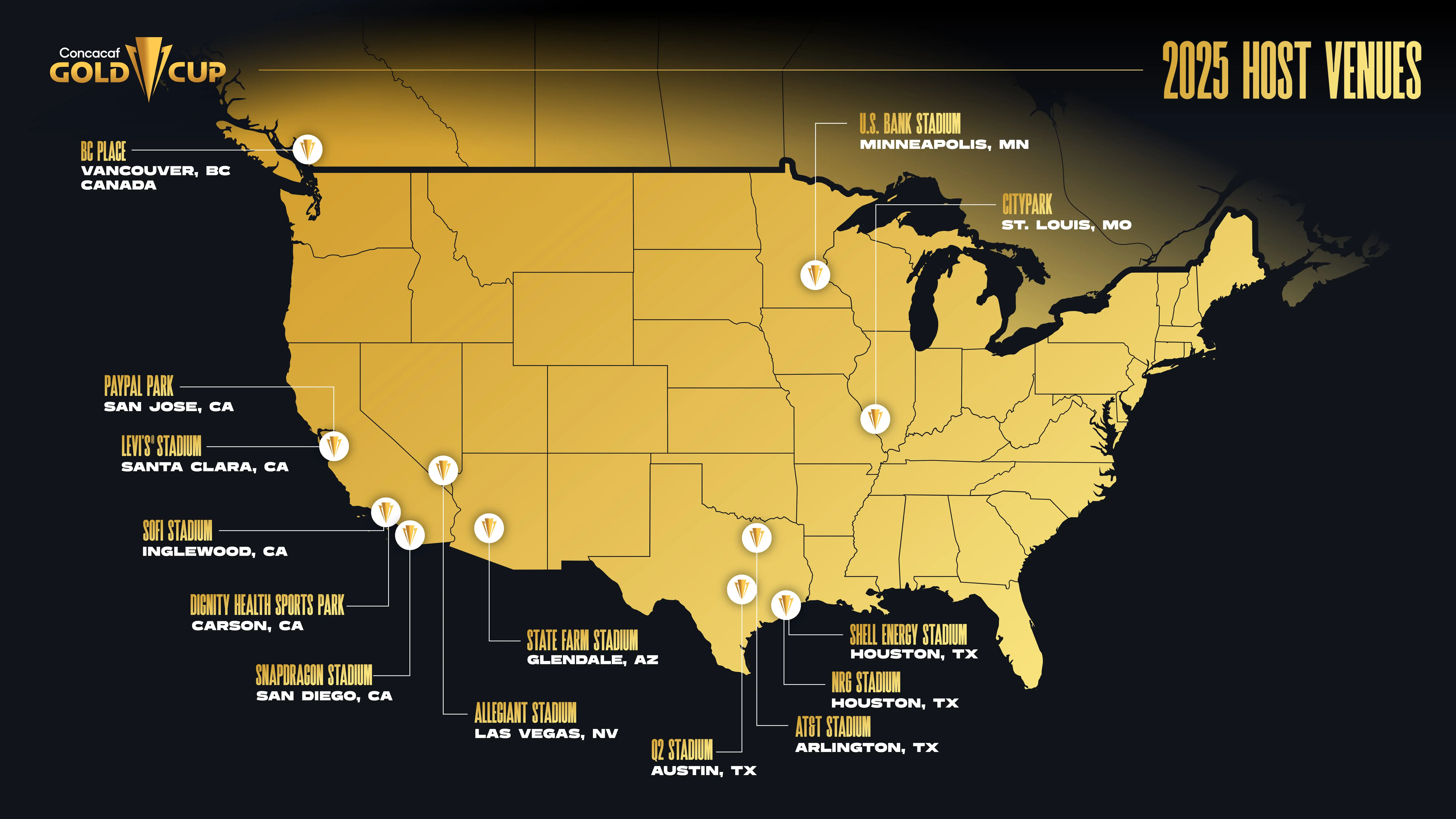 Map of Concacaf Gold Cup 2025 host venues across North America, highlighting stadiums in the United States, Canada, and Mexico where matches will take place.